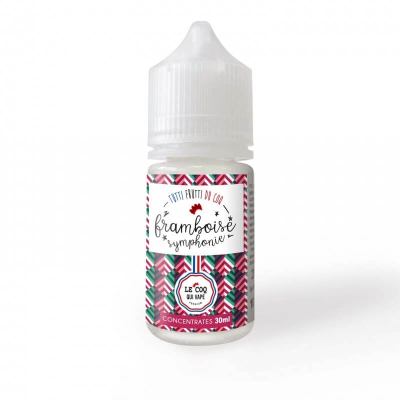 Flacon de 30ml d'arôme concentré Framboise Symphonie Le Coq Qui Vape avec étiquette colorée à motifs géométriques.