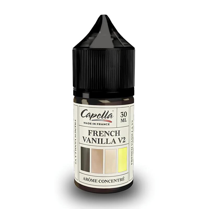 Flacon de 30 ml d'arôme concentré Capella French Vanilla V2 avec bouchon noir et étiquette descriptive sur fond blanc.