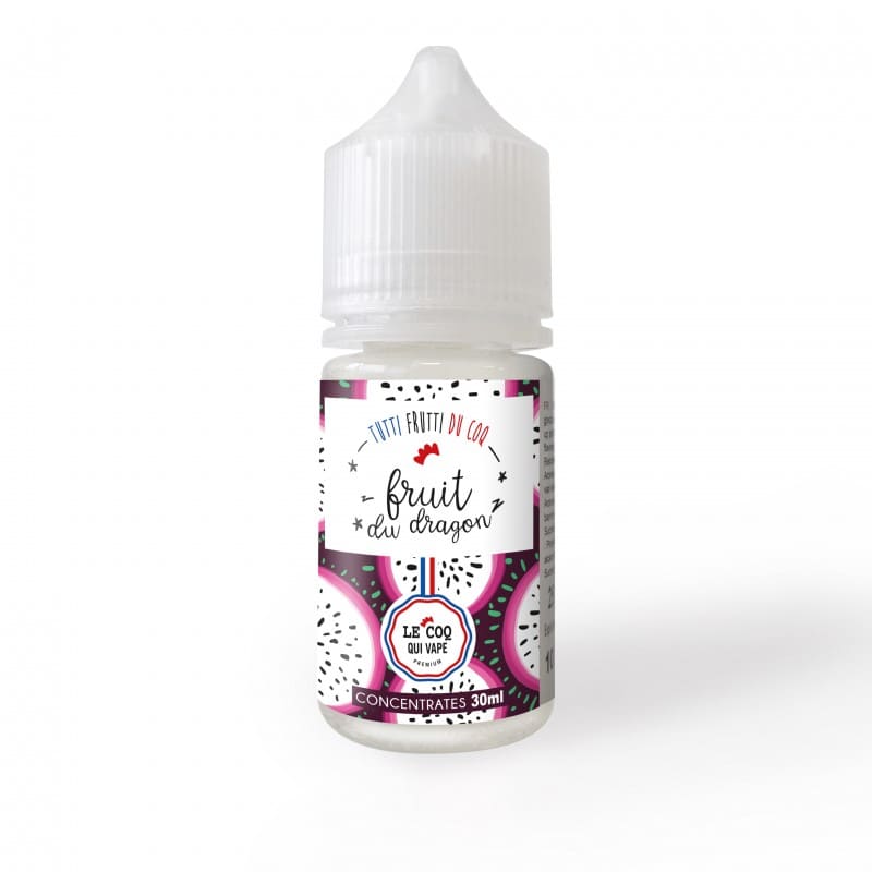 Flacon de 30ml d'arôme concentré Fruit du Dragon Le Coq Qui Vape avec étiquette illustrée de pitayas roses et blancs.