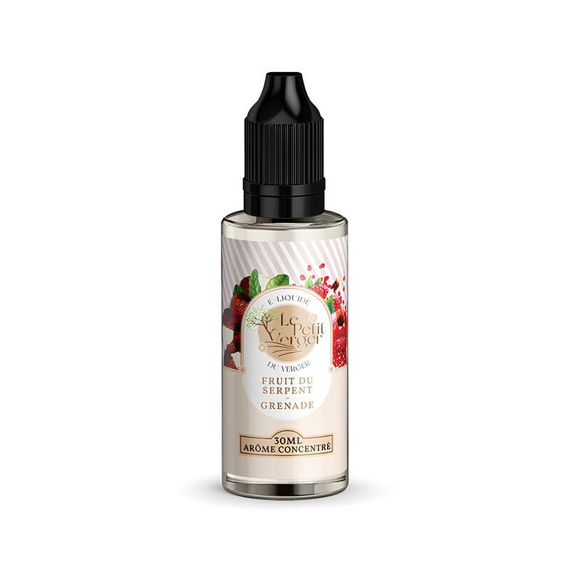 Flacon 30ml d'arôme concentré Le Petit Verger Fruit du Serpent & Grenade avec bouchon noir et étiquette illustrée.