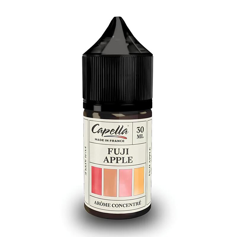 Flacon de 30 ml d'arôme concentré Capella Fuji Apple avec bouchon noir et étiquette blanche illustrée de carrés colorés.