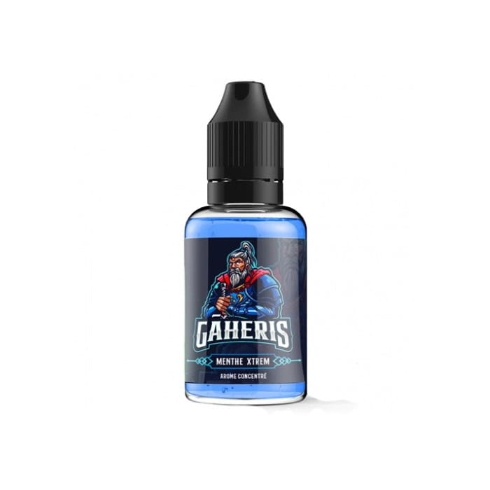 Flacon PET 30ml d'arôme concentré Gaheris Xcalibur avec liquide bleu et étiquette illustrée d'un guerrier.