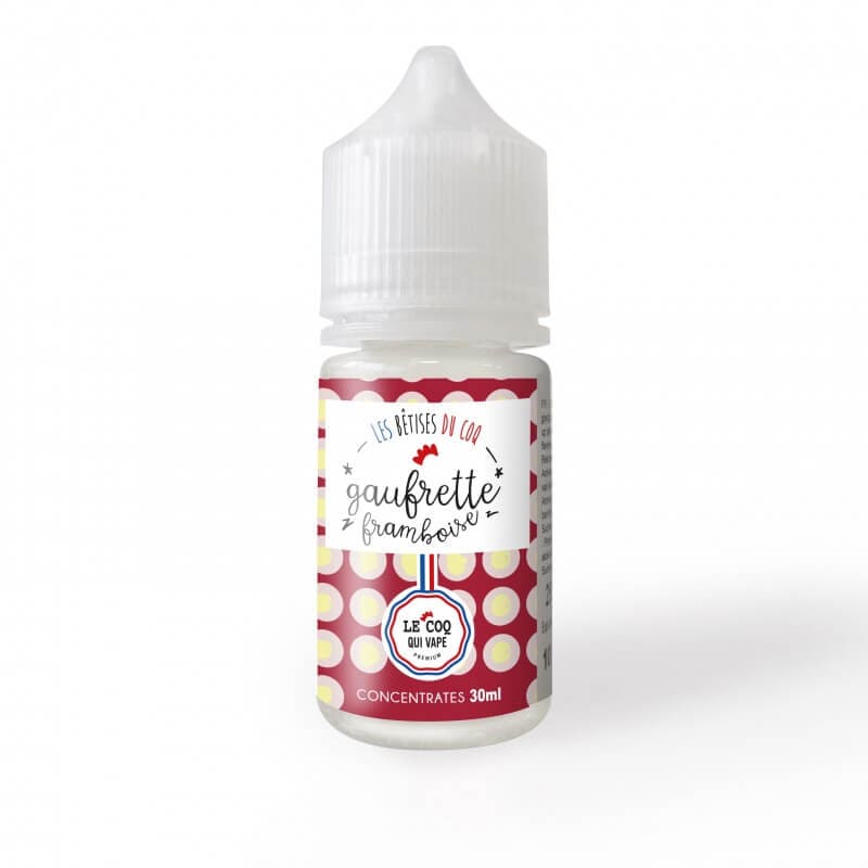 Flacon de 30ml d'arôme concentré Gaufrette Framboise Le Coq Qui Vape avec étiquette rouge à pois jaunes.