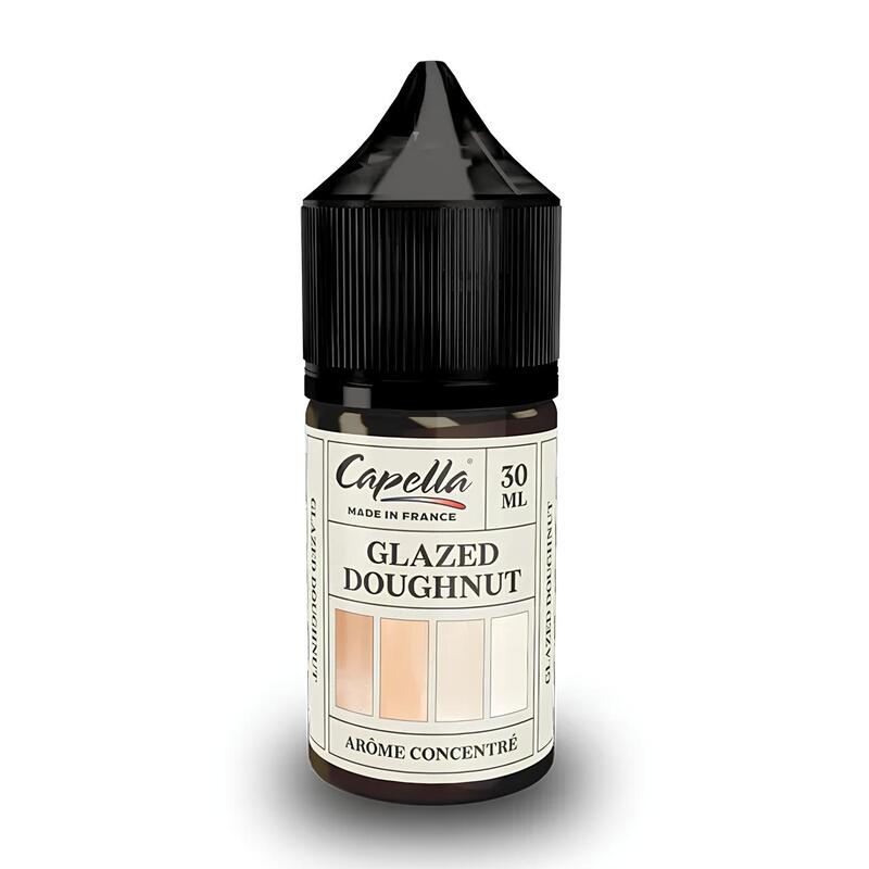 Flacon de 30 ml d'arôme concentré Capella Glazed Doughnut avec bouchon noir et étiquette blanche illustrée.