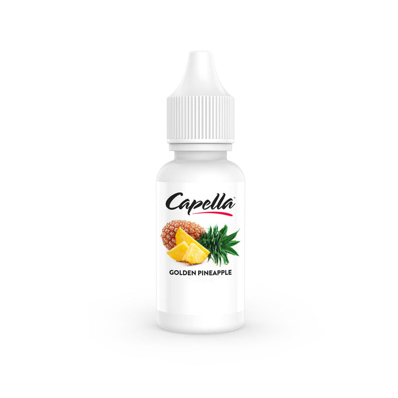 Flacon de 10 ml d'arôme concentré Capella Golden Pineapple avec étiquette blanche illustrée d'un ananas frais.