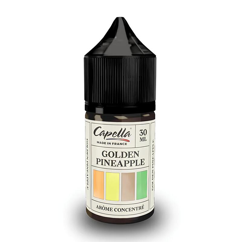 Flacon de 30 ml d'arôme concentré Capella Golden Pineapple avec bouchon noir et étiquette descriptive sur fond blanc.