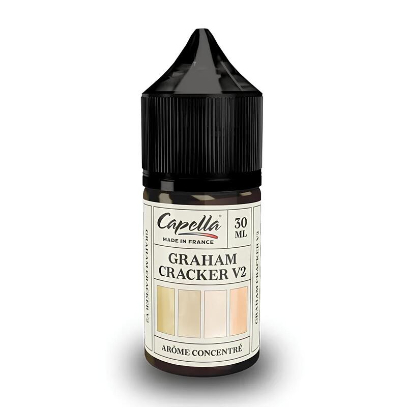 Flacon de 30 ml d'arôme concentré Capella Graham Cracker V2 avec bouchon noir et étiquette beige sur fond blanc.