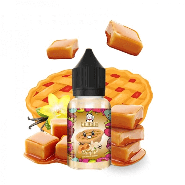 Flacon de 30ml d'arôme concentré Granny Pie Kawaii avec illustrations de tarte, caramel et vanille sur fond blanc.