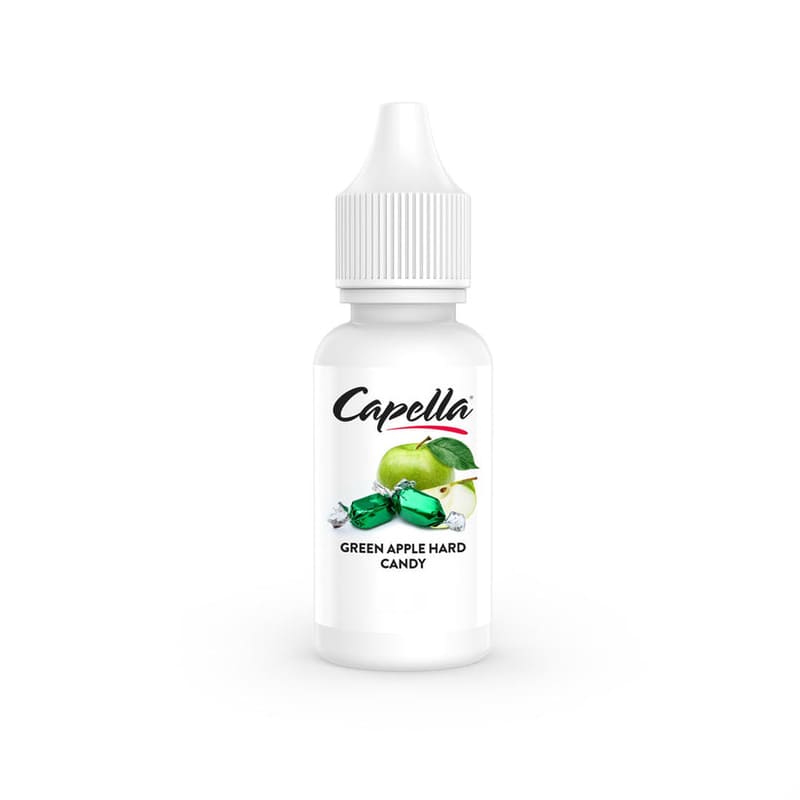 Flacon de 10 ml d'arôme concentré Capella Green Apple Hard Candy avec étiquette illustrée de bonbons à la pomme verte.