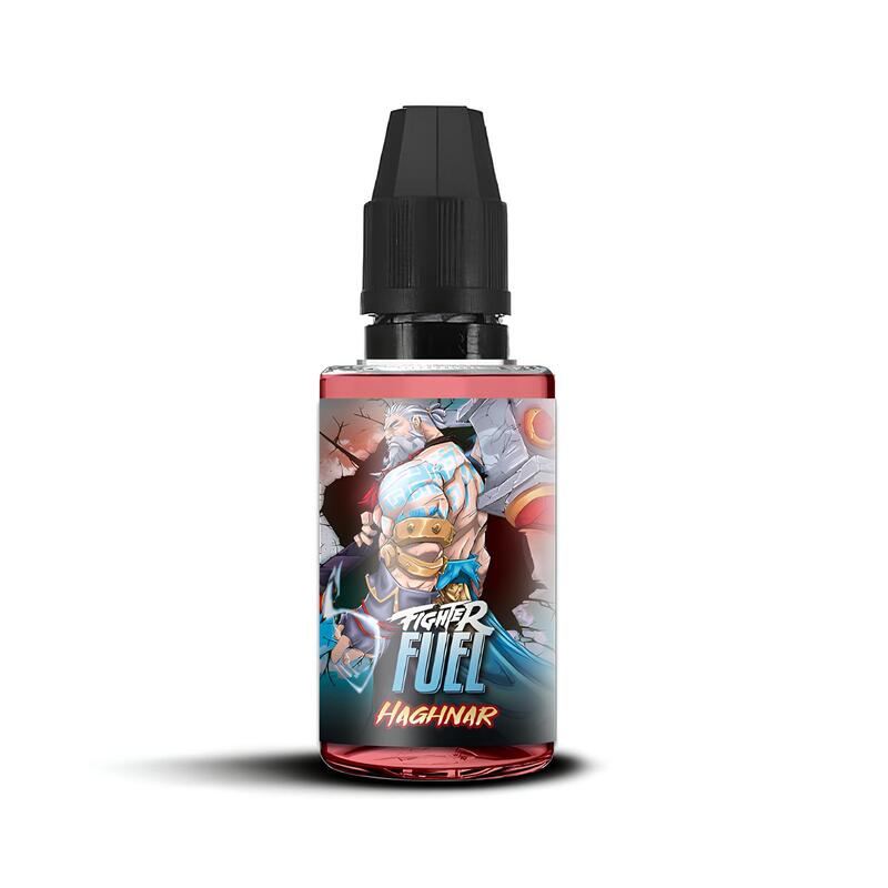 Flacon de 30ml d'arôme concentré Fighter Fuel Haghnar avec étiquette illustrée d'un guerrier viking sur fond rouge.