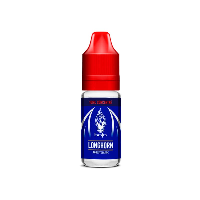 Flacon d'arôme concentré Halo Longhorn 10ml avec bouchon rouge et étiquette bleue caractéristique.