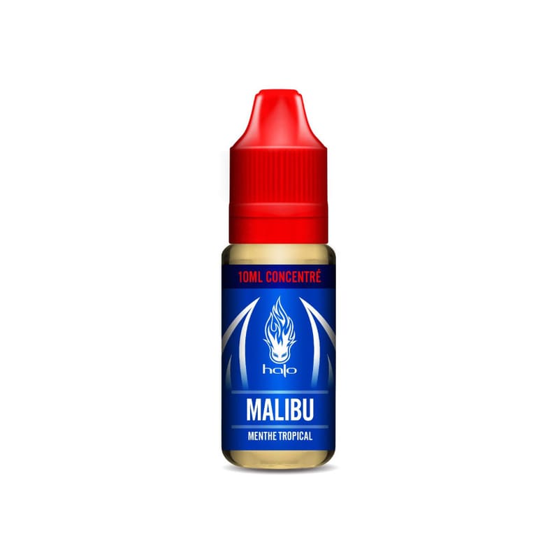 Flacon d'arôme concentré Halo Malibu 10ml avec bouchon rouge et étiquette bleue marquée Menthe Tropicale.