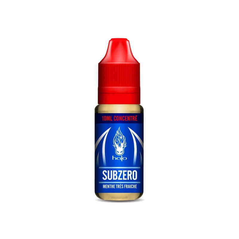 Flacon de 10ml d'arôme concentré Halo Subzero avec bouchon rouge et étiquette bleue marquée Menthe Très Fraiche.