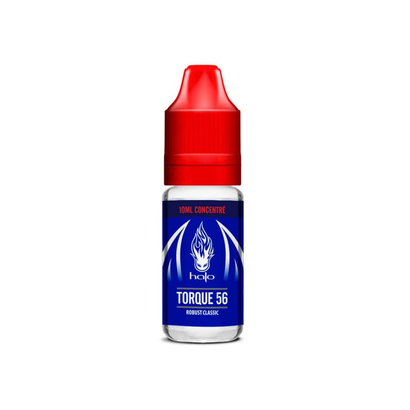 Flacon de 10ml d'arôme concentré Halo Torque 56 avec bouchon rouge et étiquette bleue caractéristique.