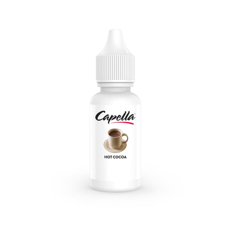 Flacon 10ml Capella Hot Cocoa avec bouchon blanc et étiquette illustrée d'une tasse de chocolat chaud.