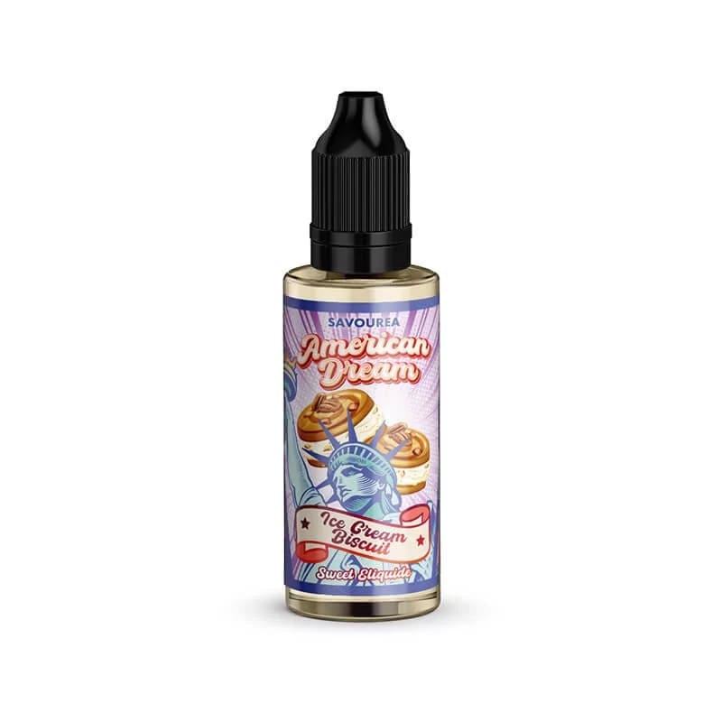 Flacon de 30ml d'arôme concentré Savourea American Dream Ice Cream Biscuit avec étiquette illustrée et bouchon noir.