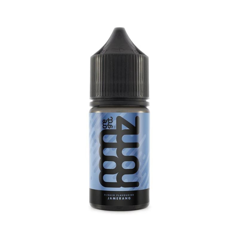 Flacon d'arôme concentré Jamerang Nom Nomz 30ml avec étiquette bleue, logo noir et bouchon compte-gouttes noir.