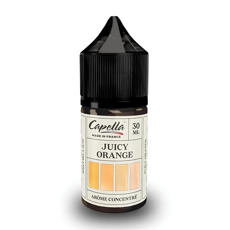Flacon de 30 ml d'arôme concentré Capella Juicy Orange avec bouchon noir et étiquette blanche illustrée d'oranges.