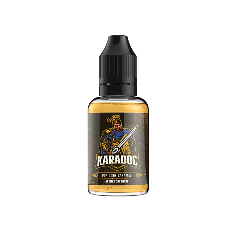 Flacon de 30ml d'arôme concentré Karadoc Xcalibur avec étiquette illustrée d'un guerrier et bouchon noir sécurisé.