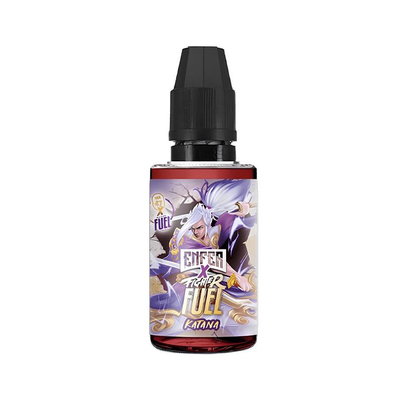 Flacon d'arôme concentré Katana 30ml Fighter Fuel avec illustration de guerrier manga sur fond violet et bouchon noir.