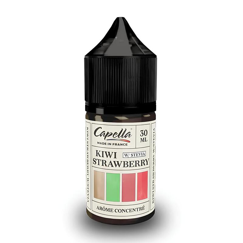 Flacon de 30 ml d'arôme concentré Capella Kiwi Strawberry avec bouchon noir et étiquette blanche illustrée.