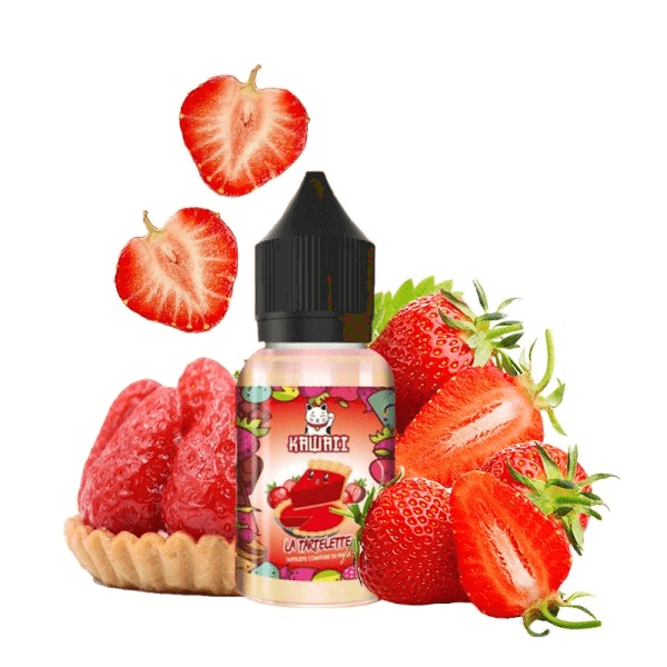 Flacon d'arôme concentré Kawaii La Tartelette 30ml entouré de fraises fraîches et d'une tartelette sur fond blanc.