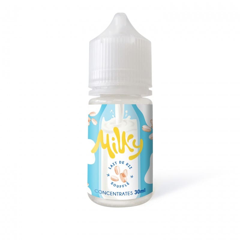 Flacon de 30ml d'arôme concentré Milky Lait de Riz Soufflé avec étiquette bleue illustrée sur fond blanc.