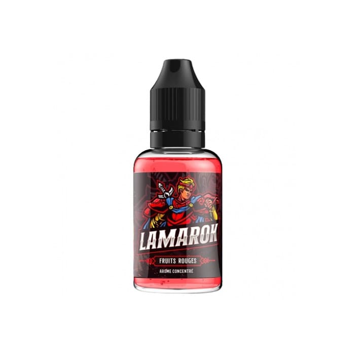 Flacon 30ml d'arôme concentré Lamarok Xcalibur avec liquide rouge et étiquette illustrée d'un chevalier.