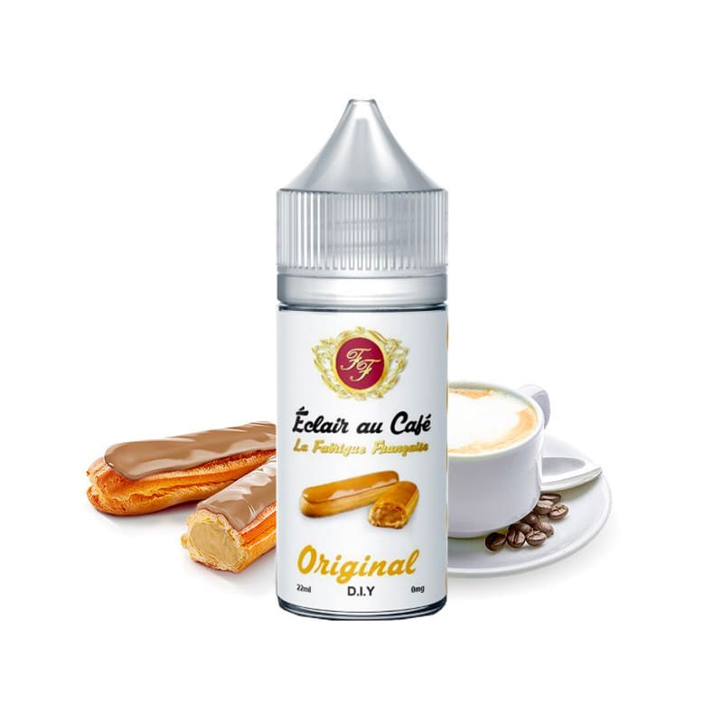 Flacon d'arôme concentré L'Éclair au Café 30ml La Fabrique Française avec étiquette illustrée d'un éclair et d'un café.
