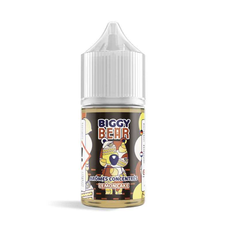 Flacon de 30ml d'arôme concentré Biggy Bear Lemon Cake avec étiquette illustrée d'un ours et motifs de gâteau au citron.