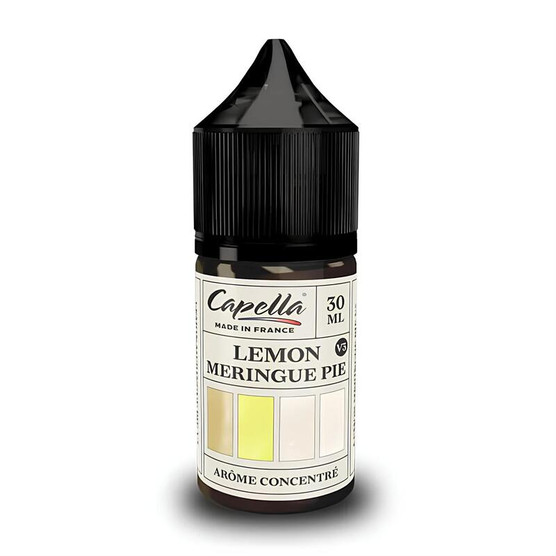 Flacon de 30 ml d'arôme concentré Capella Lemon Meringue Pie V3 avec bouchon noir et étiquette blanche illustrée.