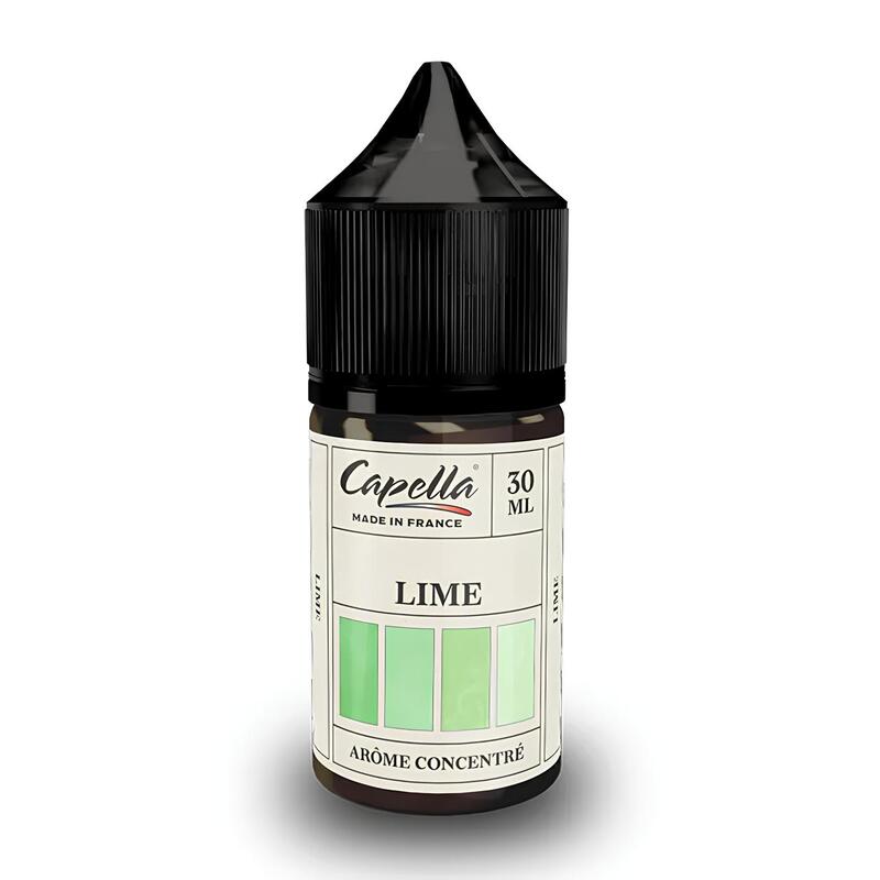 Flacon de 30 ml d'arôme concentré Capella Lime avec bouchon noir et étiquette blanche à motifs verts.