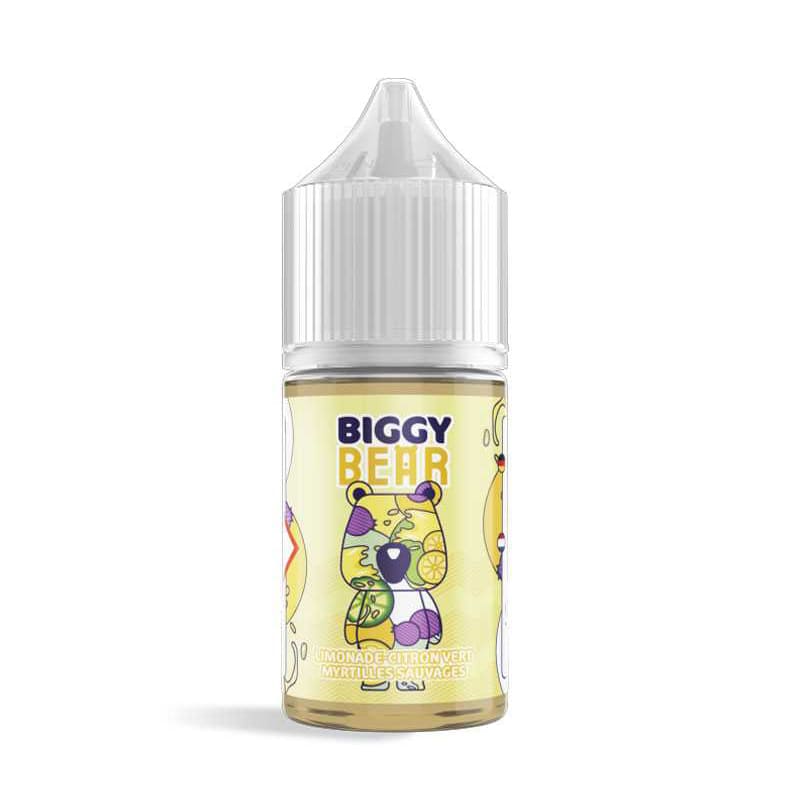 Flacon de 30ml Biggy Bear Limonade Citron Vert et Myrtilles avec étiquette jaune illustrée d'un ours et fruits.