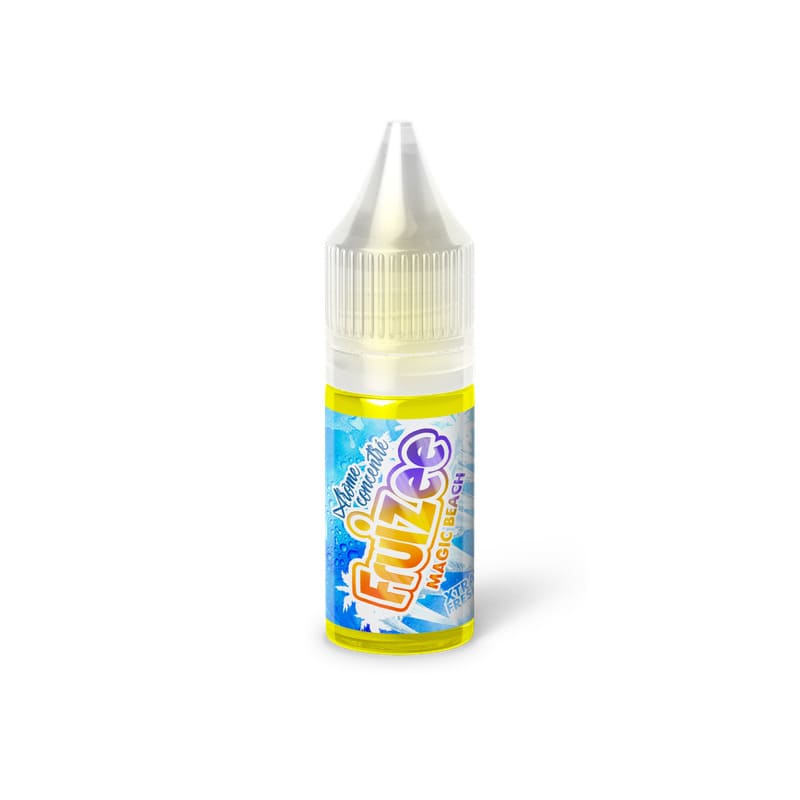 Flacon de 10ml d'arôme concentré Fruizee Magic Beach avec étiquette jaune et bleue sur fond blanc.