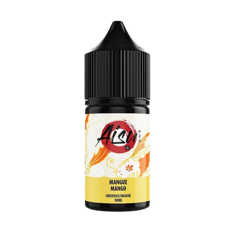 Flacon de 30ml d'arôme concentré Aisu Mango avec étiquette jaune ornée de motifs japonais et bouchon noir.