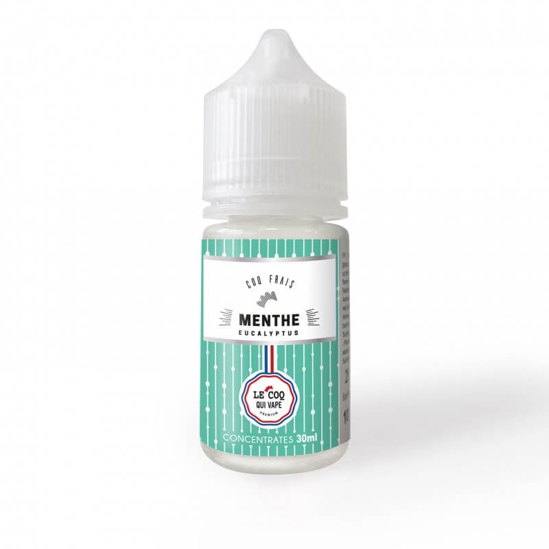 Flacon de 30ml d'arôme concentré Menthe Eucalyptus Le Coq Qui Vape avec étiquette turquoise à rayures blanches.