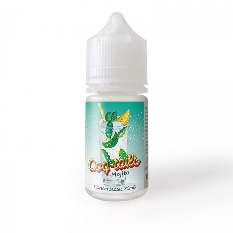 Flacon d'arôme concentré Mojito 30ml Le Coq Qui Vape avec étiquette illustrée d'un cocktail sur fond turquoise.