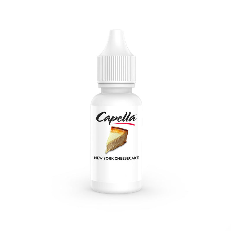 Flacon 10ml Capella New York Cheesecake V2 avec étiquette blanche et illustration de part de gâteau.