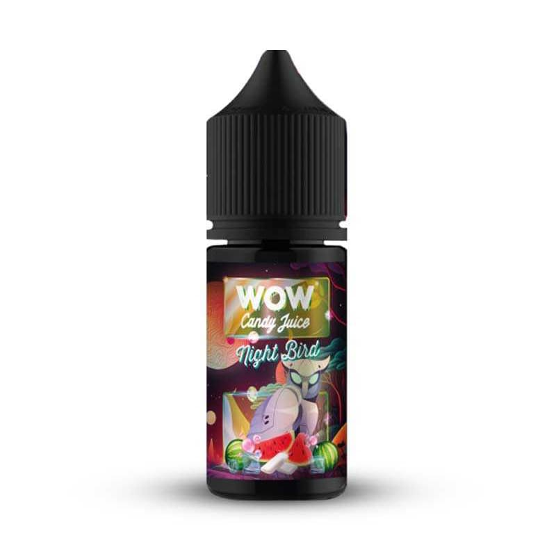 Flacon de 30ml d'arôme concentré Night Bird Wow Candy Juice avec étiquette illustrée pastèque et chewing-gum sur fond sombre.