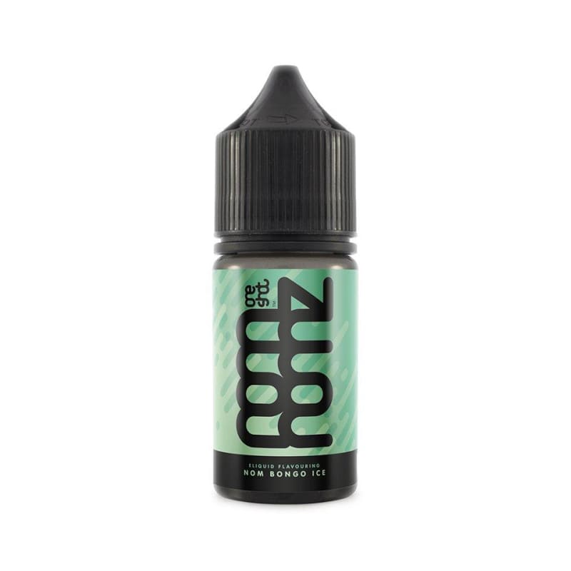 Flacon 30ml d'arôme concentré Nom Bongo Ice Nom Nomz avec étiquette vert menthe et bouchon noir à sécurité enfant.
