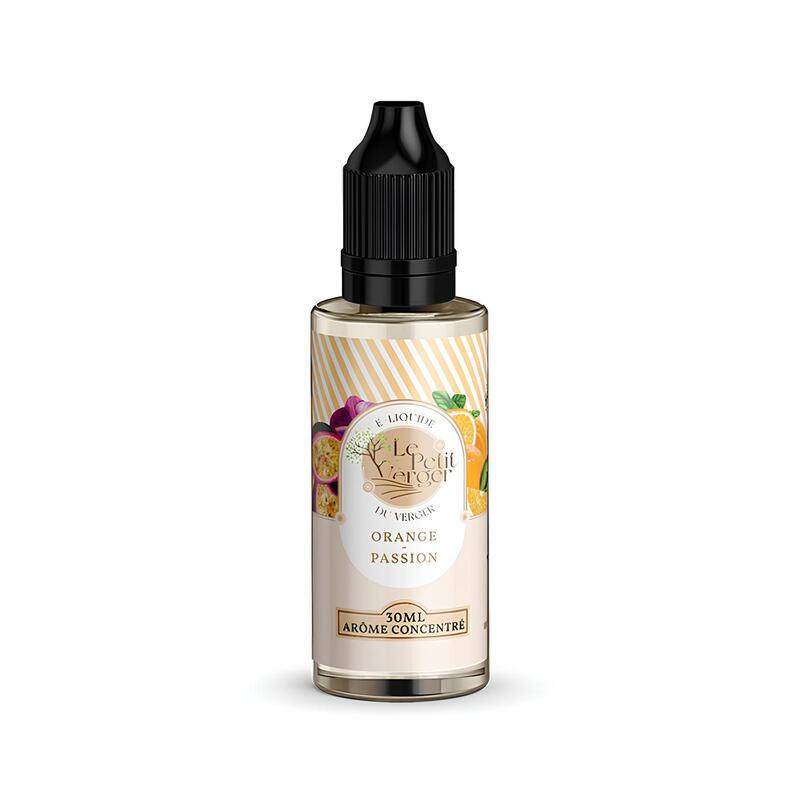 Flacon 30ml d'arôme concentré Orange Passion Le Petit Verger avec bouchon noir et étiquette illustrée de fruits tropicaux.