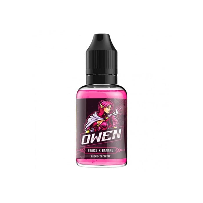Flacon de 30 ml d'arôme concentré Owen Xcalibur avec liquide rose, bouchon noir et étiquette illustrée style manga.