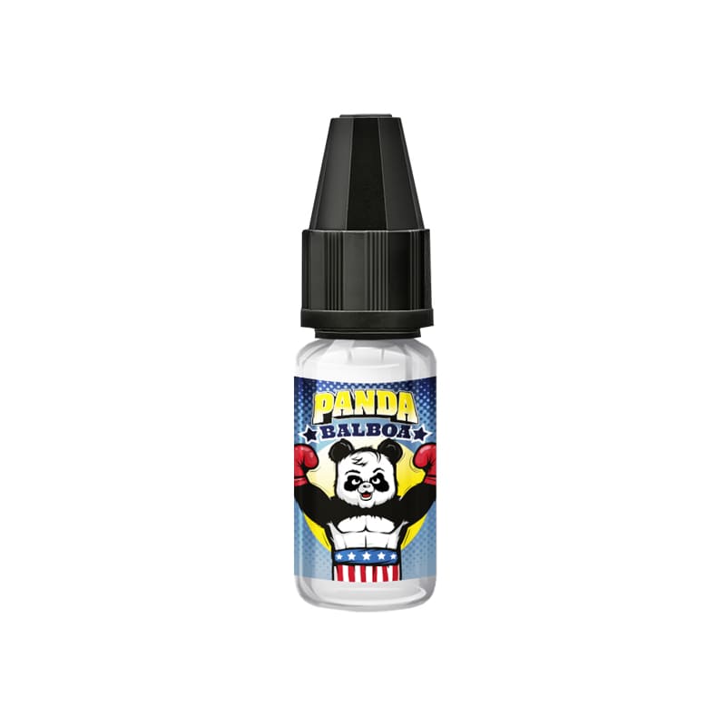Flacon de 10ml d'arôme concentré A&L Panda Balboa avec étiquette illustrée d'un panda boxeur sur fond bleu et jaune.