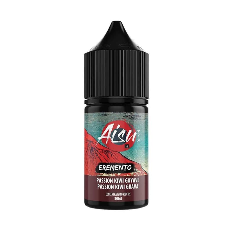 Flacon de 30ml d'arôme concentré Aisu Eremento Passion Kiwi Goyave avec étiquette illustrée style estampe japonaise.