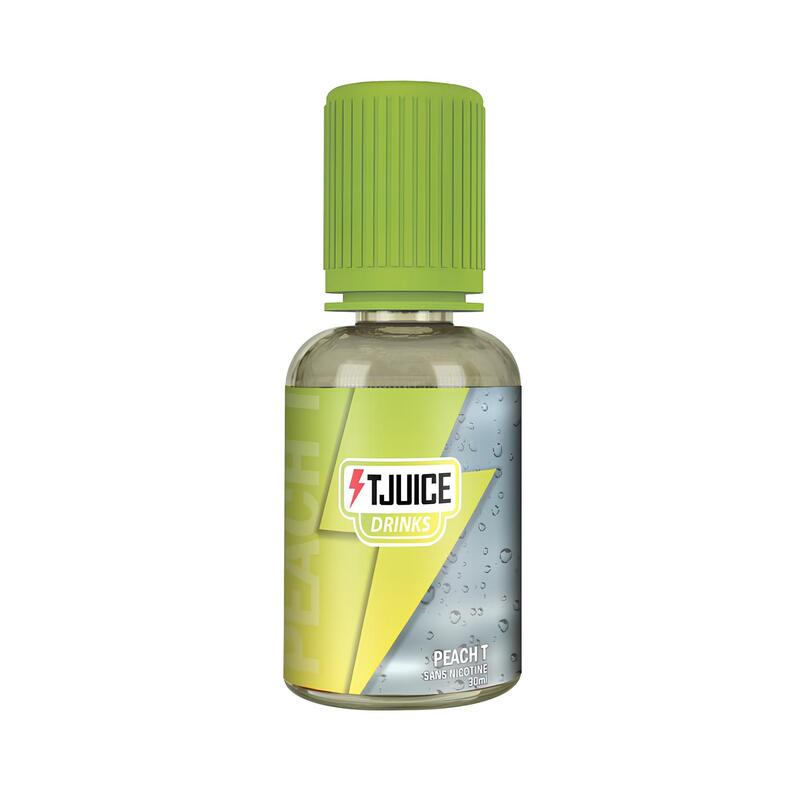 Flacon d'arôme concentré T-Juice Peach T 30ml avec bouchon vert et étiquette jaune et grise effet givré.