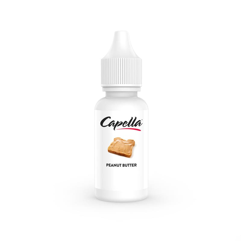 Flacon de 10ml d'arôme concentré Capella Peanut Butter avec bouchon blanc et étiquette illustrée d'une tartine.