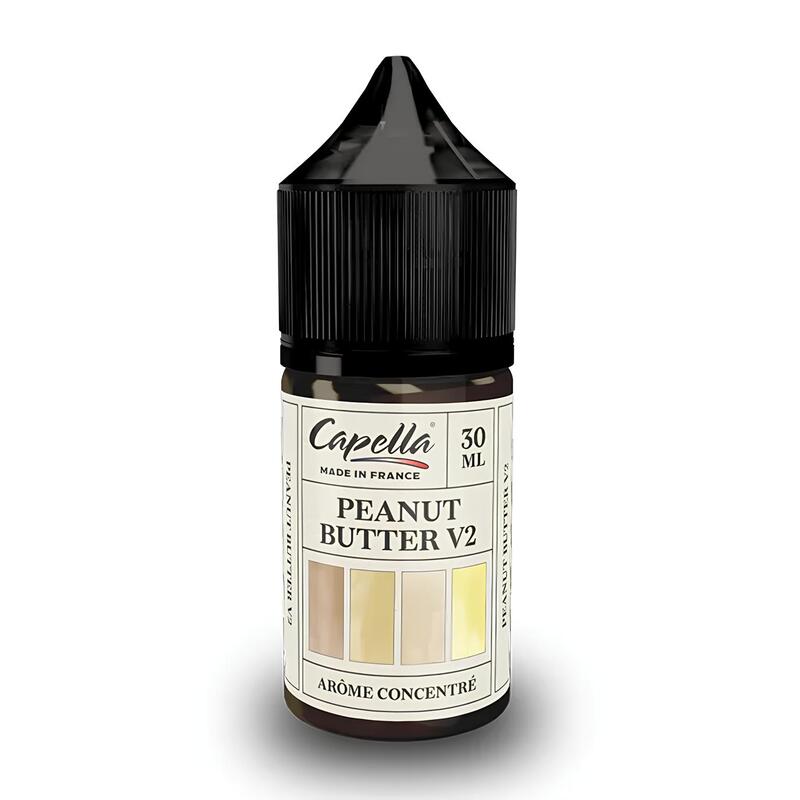 Flacon de 30 ml d'arôme concentré Capella Peanut Butter V2 avec bouchon noir et étiquette beige illustrée.