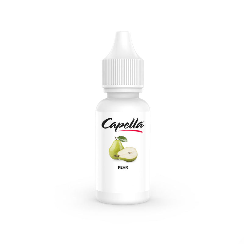 Flacon 10ml d'arôme concentré Capella Pear avec étiquette blanche, logo noir et illustration de poire Williams.