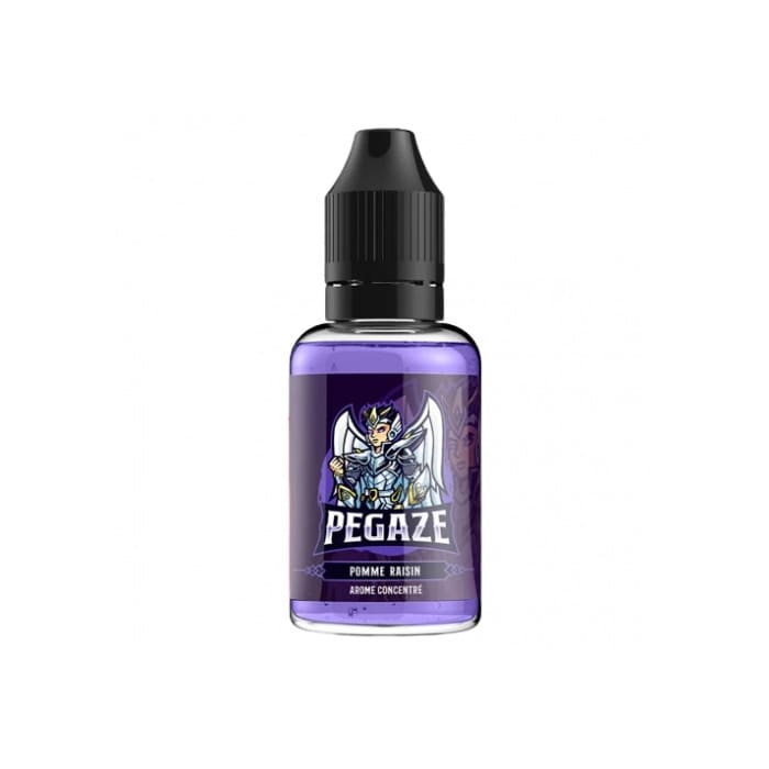 Flacon d'arôme concentré Xcalibur Pegaze 30ml avec liquide violet et étiquette illustrée d'un chevalier ailé.