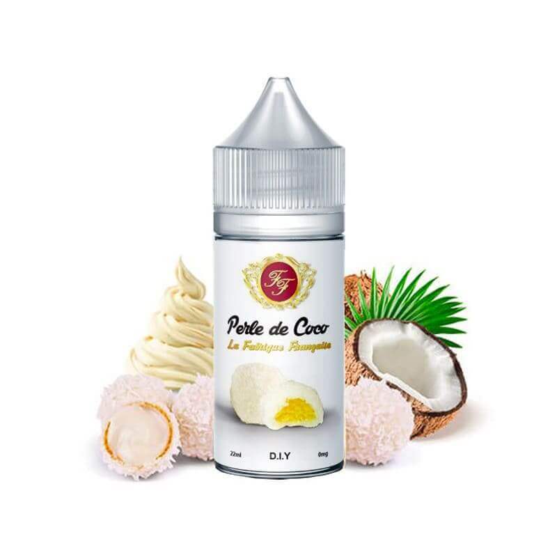 Flacon de 30ml d'arôme concentré Perle de Coco La Fabrique Française avec illustrations de noix de coco et pâtisseries.